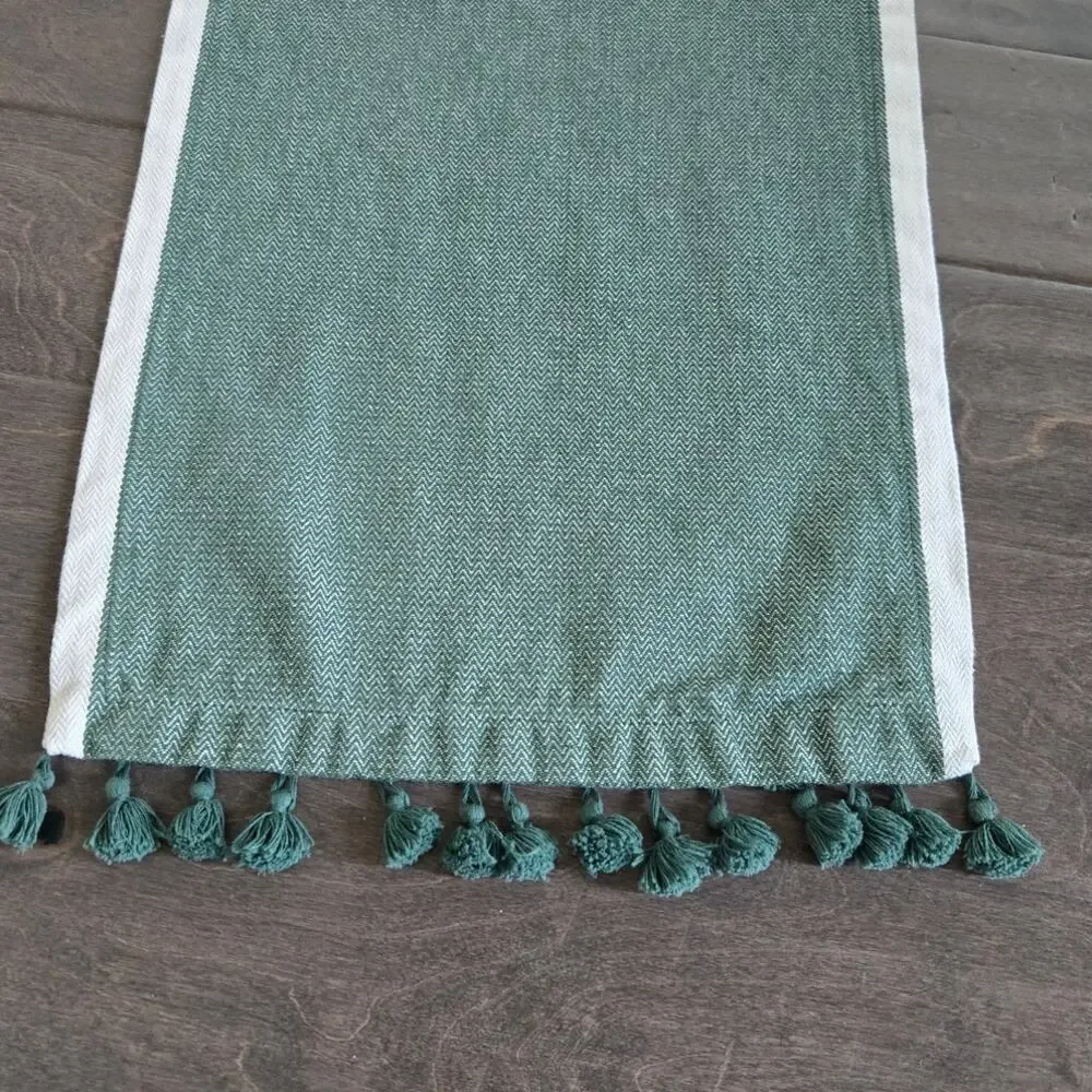 Green Herringbone Tassel Table Runner Farmhouse Boho 66